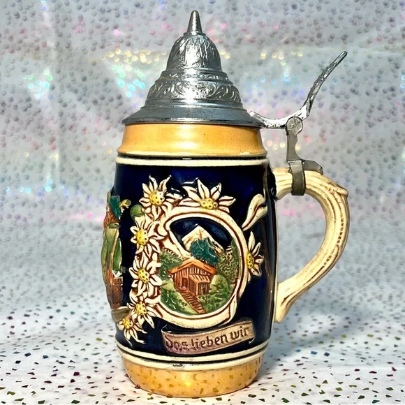 Vintage German Decorative Beer Stein W/ Lid - Three Men w/ Pipes - Picture 2 of 11